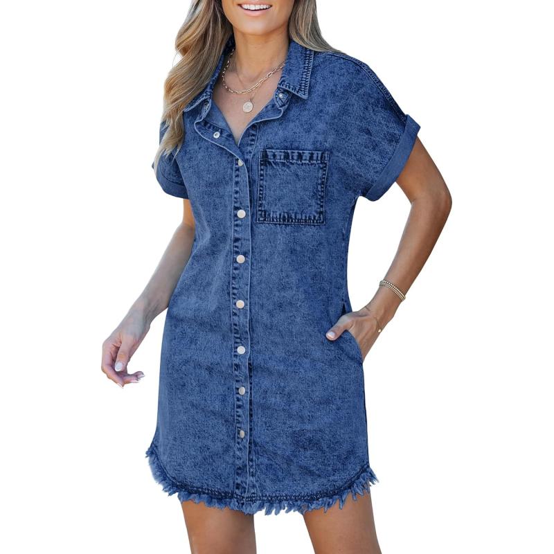 luvamia Denim Dress for Women Button Down Short Sleeves Casual Summer Jean Shirt Dresses with Pockets Frayed HemWishful Blue