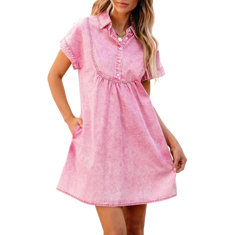 luvamia Denim Dress for Women Summer Short Sleeve Button Down Collared Pleated Western Jean Dresses with Pockets RelaxedAurora Pink
