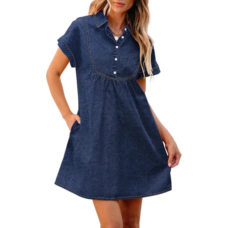 luvamia Denim Dress for Women Summer Short Sleeve Button Down Collared Pleated Western Jean Dresses with Pockets RelaxedDark Atlantic Blue