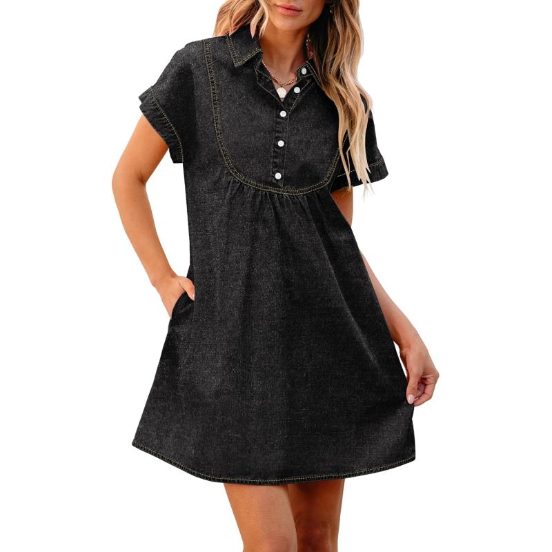 luvamia Denim Dress for Women Summer Short Sleeve Button Down Collared Pleated Western Jean Dresses with Pockets RelaxedFaded Black