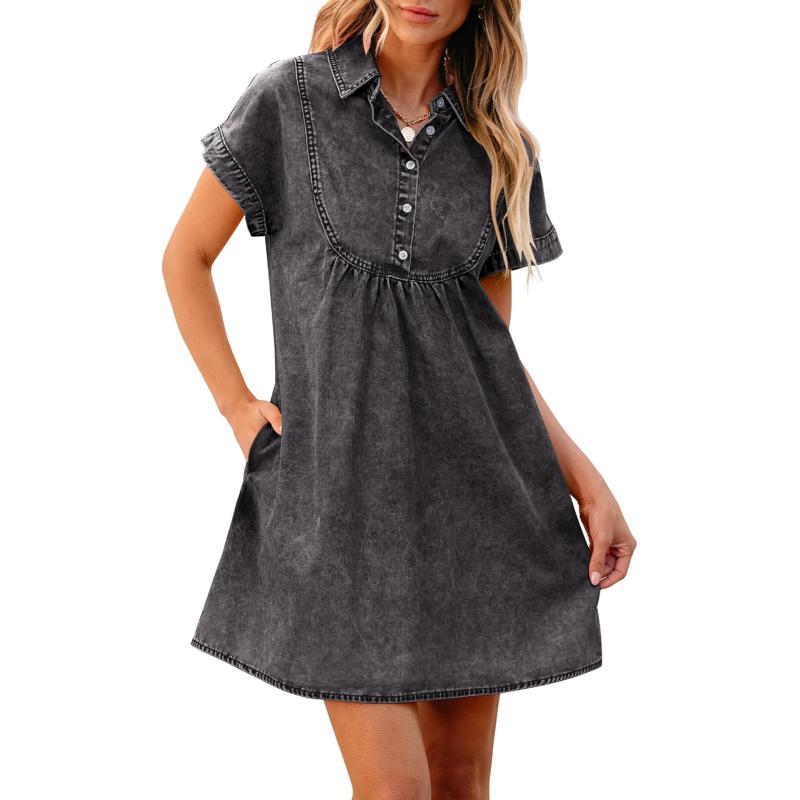 luvamia Denim Dress for Women Summer Short Sleeve Button Down Collared Pleated Western Jean Dresses with Pockets RelaxedSmokey Gray