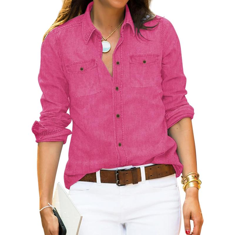 luvamia Denim Shirt Women Chambray Jean Western Shirts Long Sleeve Button Down TopsHot Pink