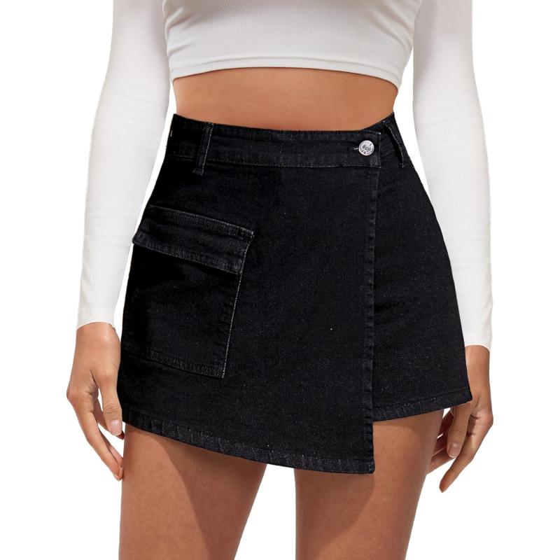 luvamia Denim Skorts for Woman Cargo Faux Wrap Jean Skort Skirts Stretchy High Waisted Skirt Shorts Country Concert WearWashed Black