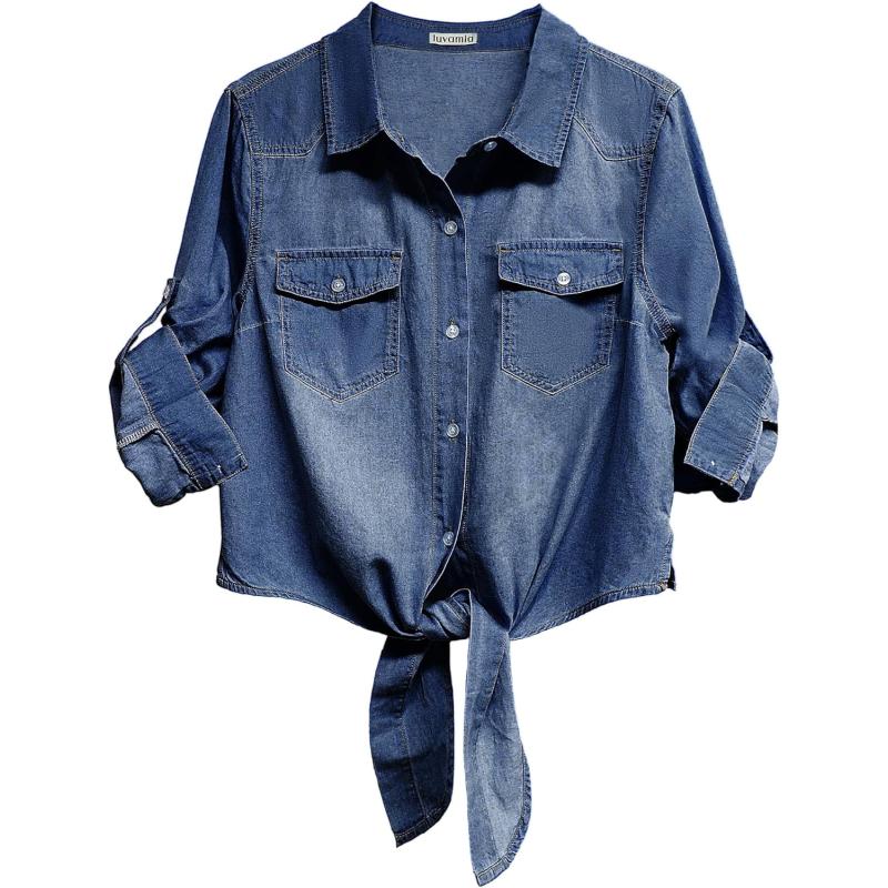 luvamia Denim Tops for Women Trendy Button Down Denim Shirt Tie Front Blouse 34 Sleeve Jean Chambray Crop Top CardiganMidnight Blue