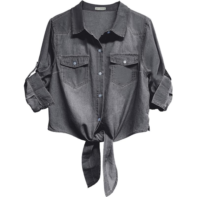 luvamia Denim Tops for Women Trendy Button Down Denim Shirt Tie Front Blouse 34 Sleeve Jean Chambray Crop Top CardiganVintage Black