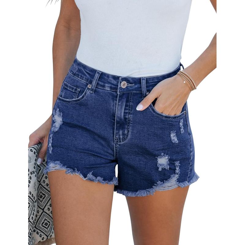 luvamia Jean Shorts for Women High Waisted Stretchy Distressed Denim Shorts Ripped Frayed Raw Hem Summer Casual ShortsNightfall Blue