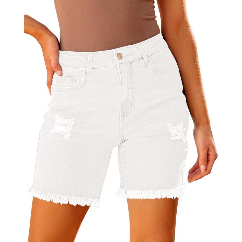luvamia Jean Shorts for Women High Waisted Trendy Casual Distressed Stretchy Denim Long Shorts Ripped Raw Hem ShortsCream White