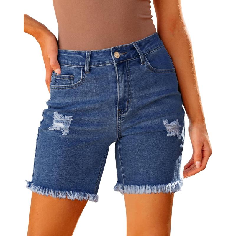 luvamia Jean Shorts for Women High Waisted Trendy Casual Distressed Stretchy Denim Long Shorts Ripped Raw Hem ShortsMedkum Blue