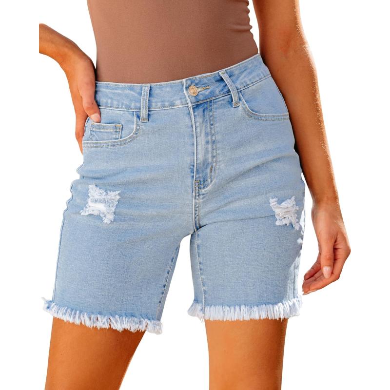 luvamia Jean Shorts for Women High Waisted Trendy Casual Distressed Stretchy Denim Long Shorts Ripped Raw Hem ShortsPowder Blue