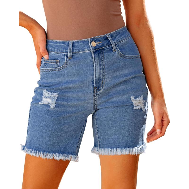 luvamia Jean Shorts for Women High Waisted Trendy Casual Distressed Stretchy Denim Long Shorts Ripped Raw Hem ShortsSky Blue