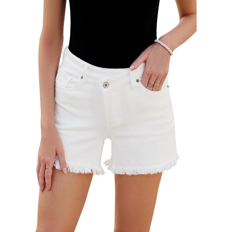luvamia Jean Shorts for Women Low Waisted Trendy Stretchy Crossover Waist Denim Shorts Raw Hem Casual Summer PocketsOffwhite