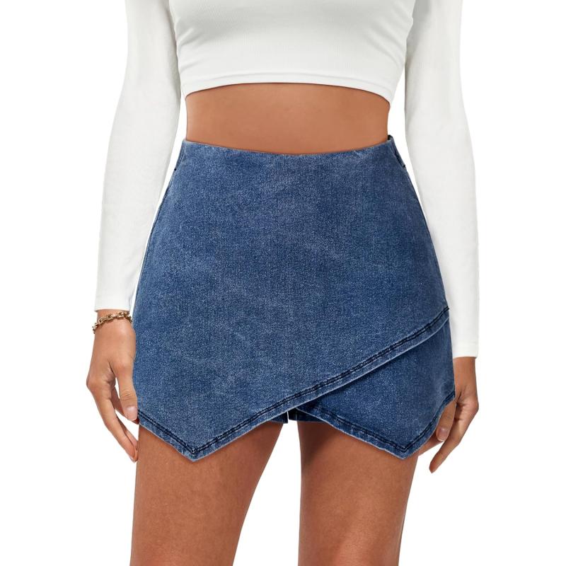luvamia Jean Skorts for Woman High Waisted Pull On Stretchy Denim Wrap Skirt with Shorts Trendy Asymmetrical SkortClassic Blue