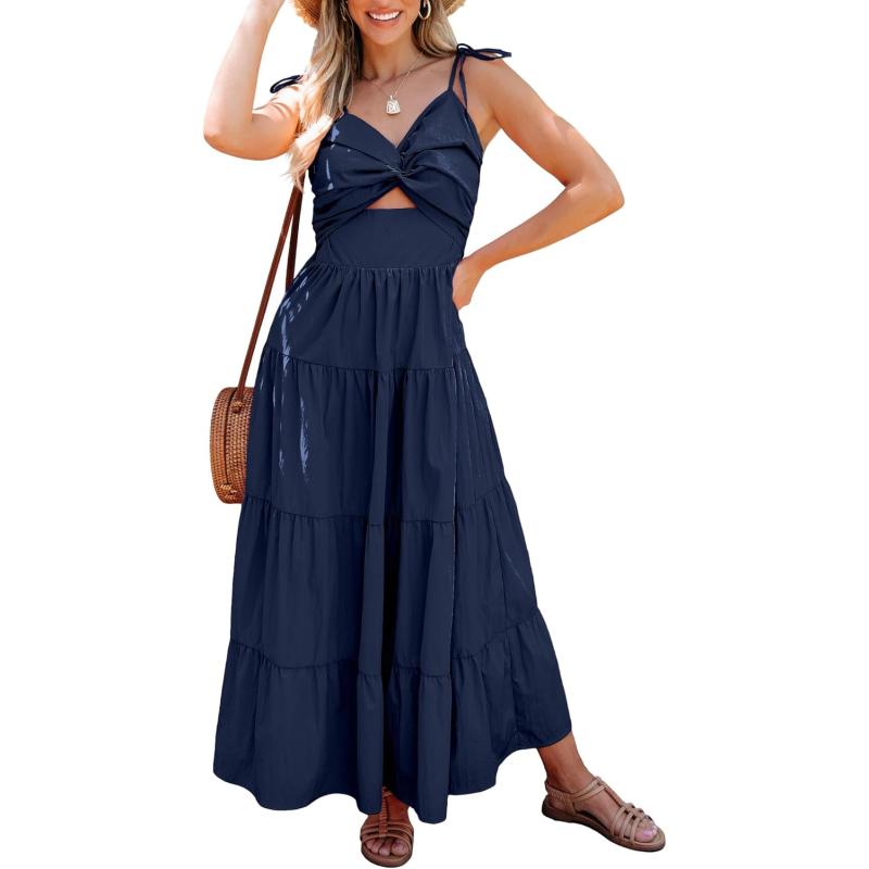 luvamia Long Flowy Dresses for Women Tiered Cut Out Midi Dress Self Tied Spaghetti Strap Summer Vacation Dinner OutfitNavy Blue