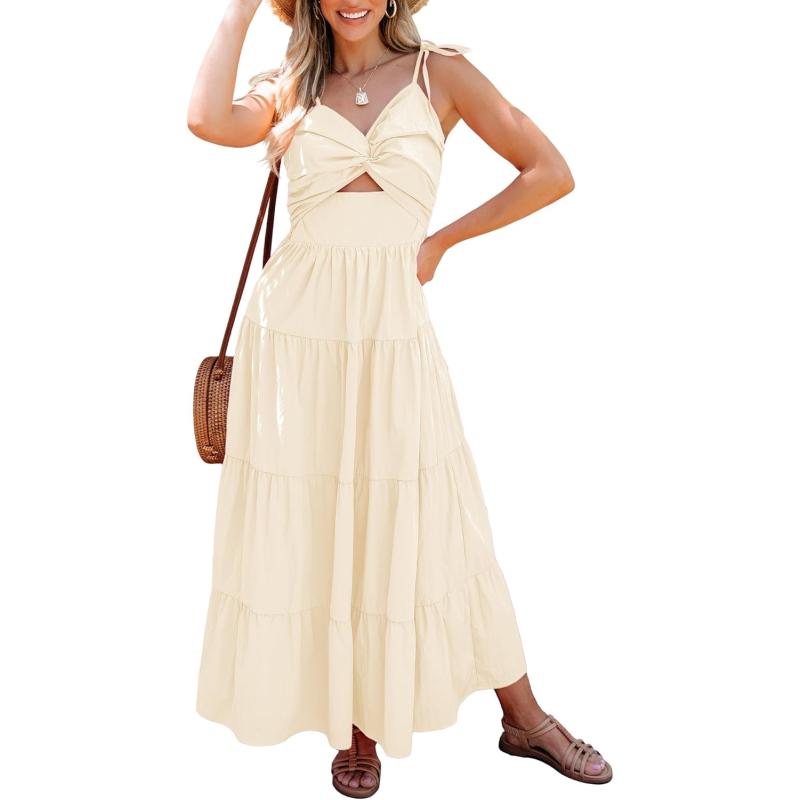 luvamia Long Flowy Dresses for Women Tiered Cut Out Midi Dress Self Tied Spaghetti Strap Summer Vacation Dinner OutfitPearled Lvory