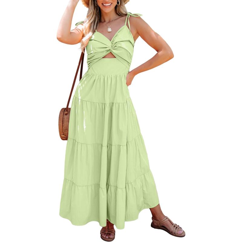 luvamia Long Flowy Dresses for Women Tiered Cut Out Midi Dress Self Tied Spaghetti Strap Summer Vacation Dinner OutfitSeamfoam Green