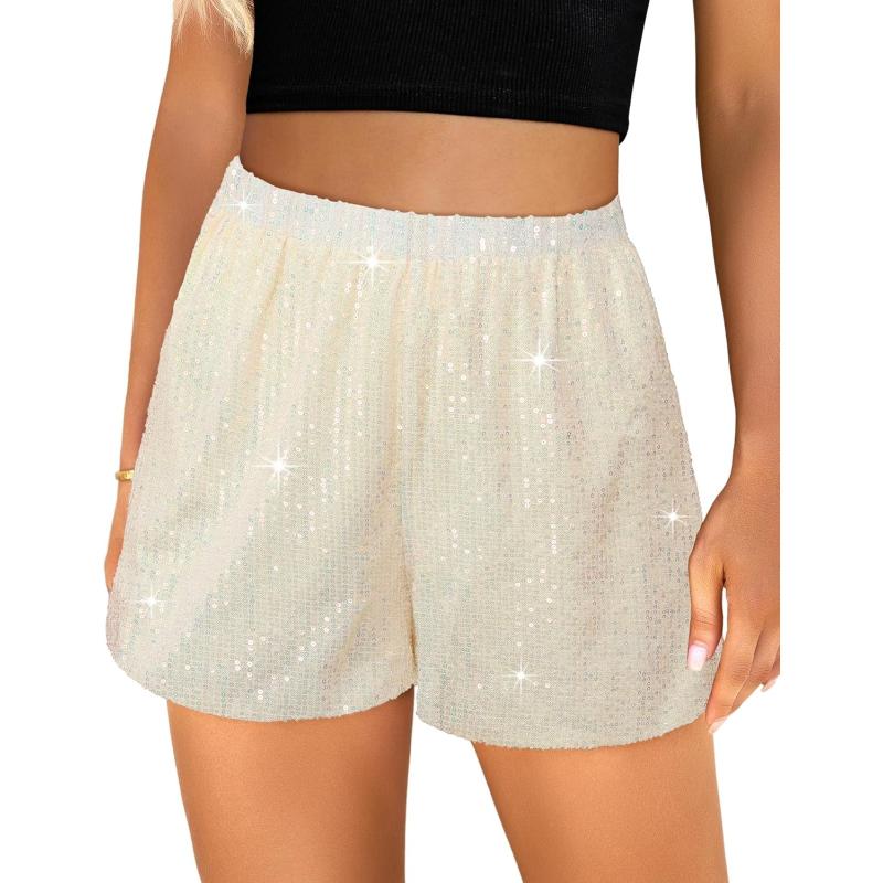 luvamia Sequin Shorts for Women Trendy High Waisted Stretchy Pull On Glitter Sparkly Shorts Holiday Party OutfitsChampagne