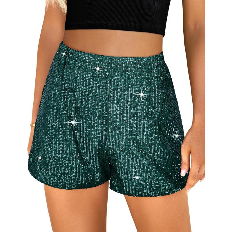 luvamia Sequin Shorts for Women Trendy High Waisted Stretchy Pull On Glitter Sparkly Shorts Holiday Party OutfitsDark Green