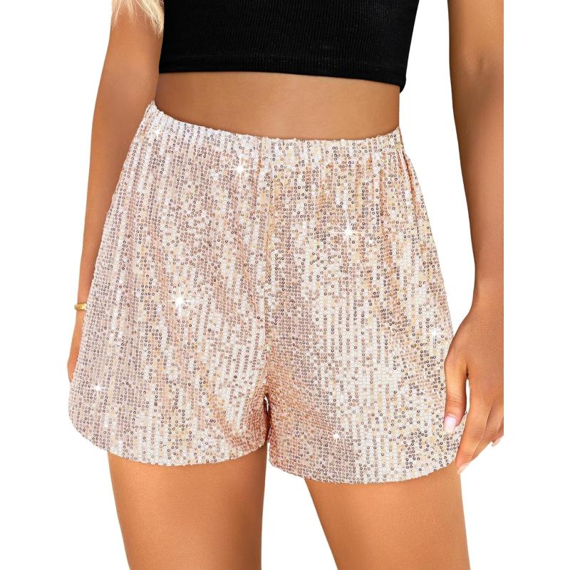 luvamia Sequin Shorts for Women Trendy High Waisted Stretchy Pull On Glitter Sparkly Shorts Holiday Party OutfitsRose Gold