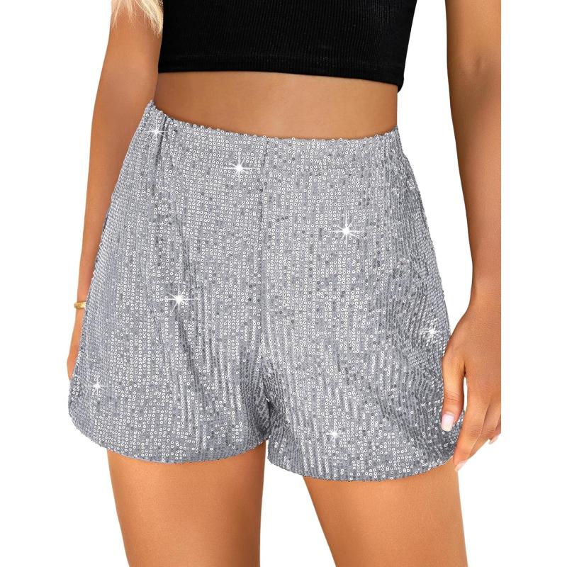 luvamia Sequin Shorts for Women Trendy High Waisted Stretchy Pull On Glitter Sparkly Shorts Holiday Party OutfitsSilver