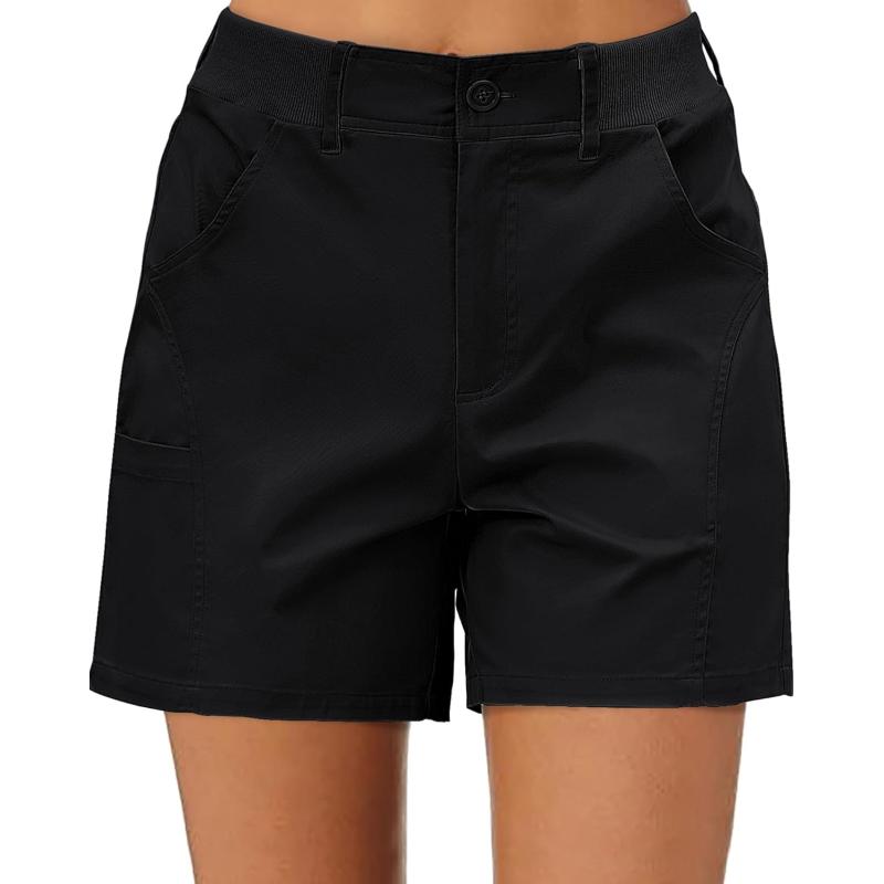 luvamia Shorts for Women Trendy Casual Summer High Waisted Chino Shorts Ribbed Elastic Waist Comfy Shorts with PocketsBlack