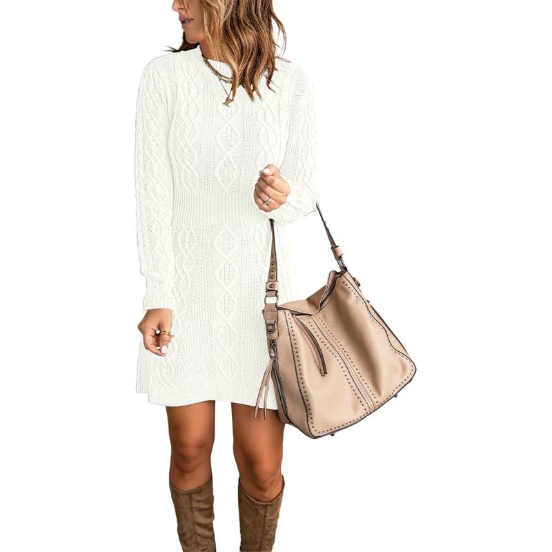 luvamia Sweater Dress for Women Cable Knit Ribbed ALine Short Fitted Pullover Sweaters Dresses Fall WinterBrilliant White