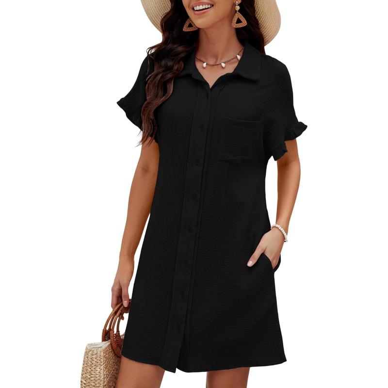 luvamia Womens Beach Cover Up Dress Cotton Button Down Shirt Dresses Casual Ruffle Sleeves Summer Dresses with PocketsBlack