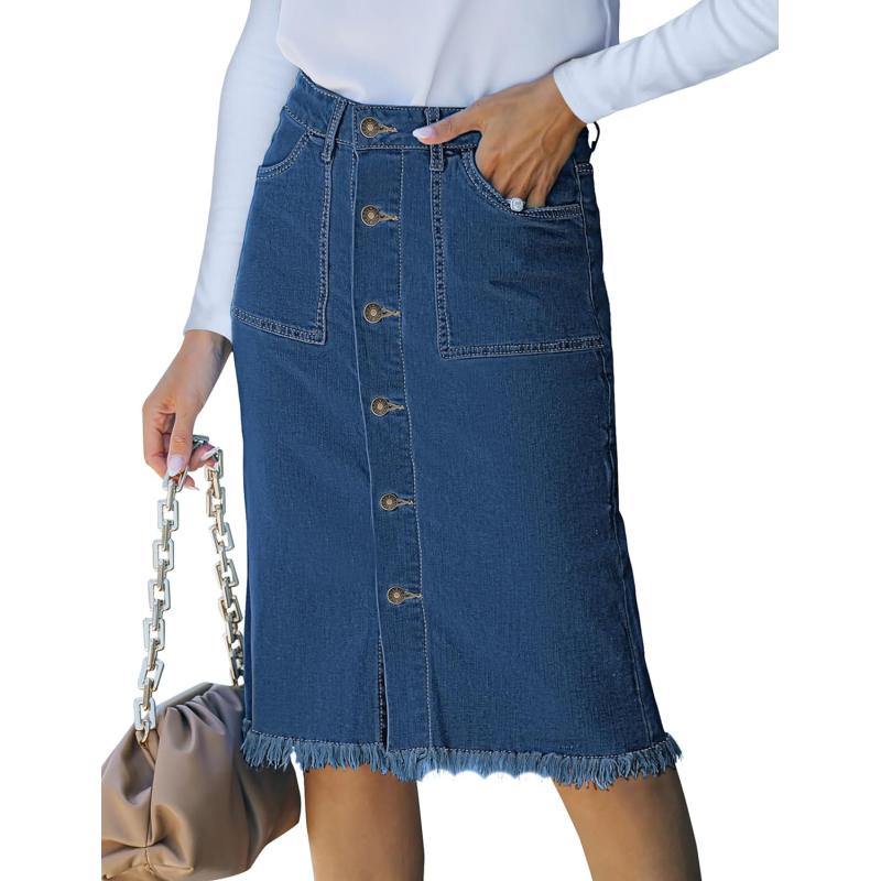 luvamia Womens Casual Mid Rise Button Down Frayed Raw Hem Denim Jean Midi SkirtDark Atlantic Blue