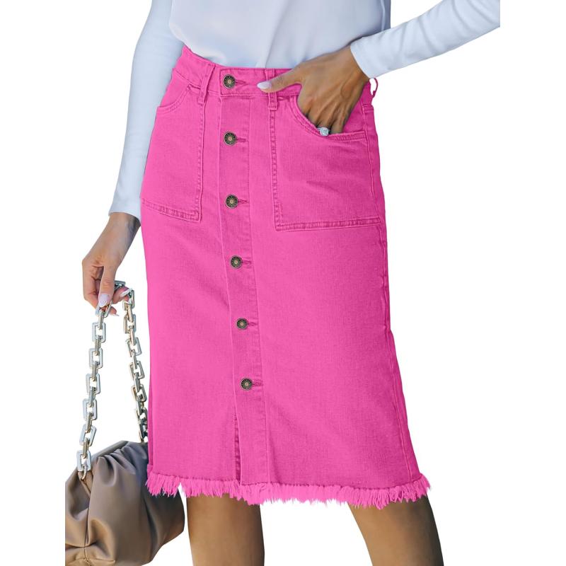 luvamia Womens Casual Mid Rise Button Down Frayed Raw Hem Denim Jean Midi SkirtHot Pink