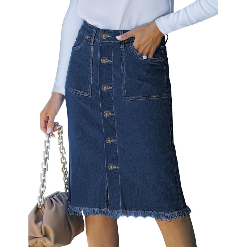 luvamia Womens Casual Mid Rise Button Down Frayed Raw Hem Denim Jean Midi SkirtS Dark Vintage Blue