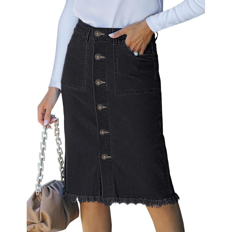 luvamia Womens Casual Mid Rise Button Down Frayed Raw Hem Denim Jean Midi SkirtS Soft Black