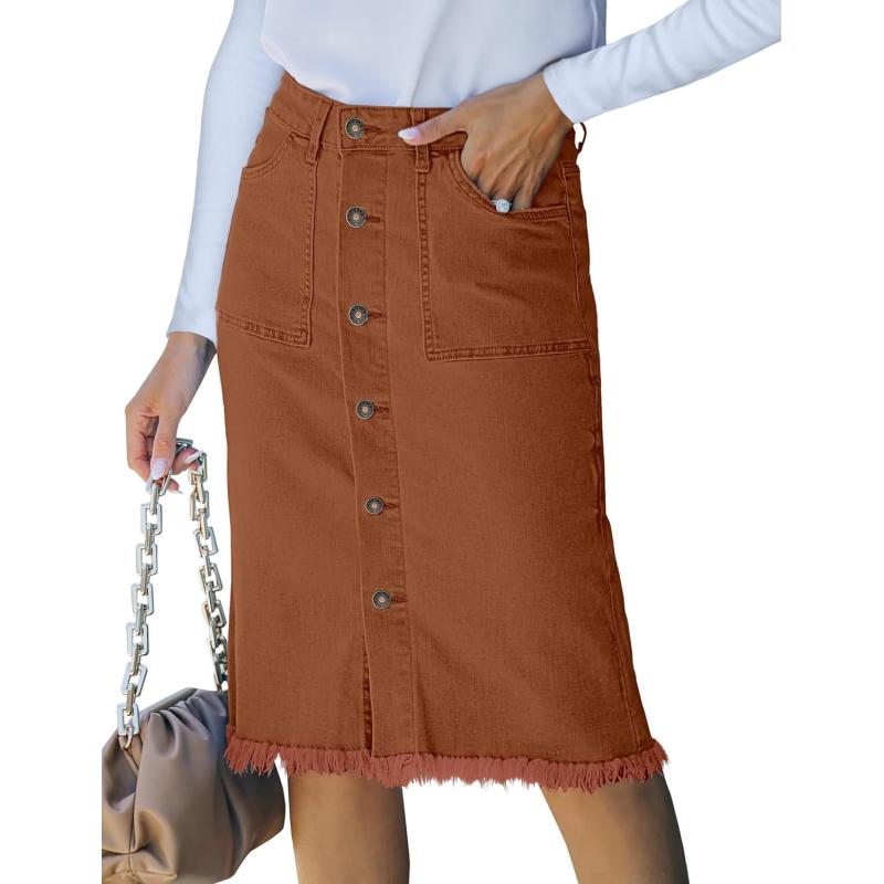 luvamia Womens Casual Mid Rise Button Down Frayed Raw Hem Denim Jean Midi SkirtUmber Brown