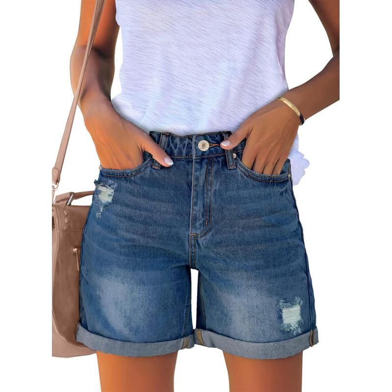 luvamia Womens Casual Ripped Denim Shorts High Rise Distressed Rolled Hem Jeans ShortsA After Dusk Blue