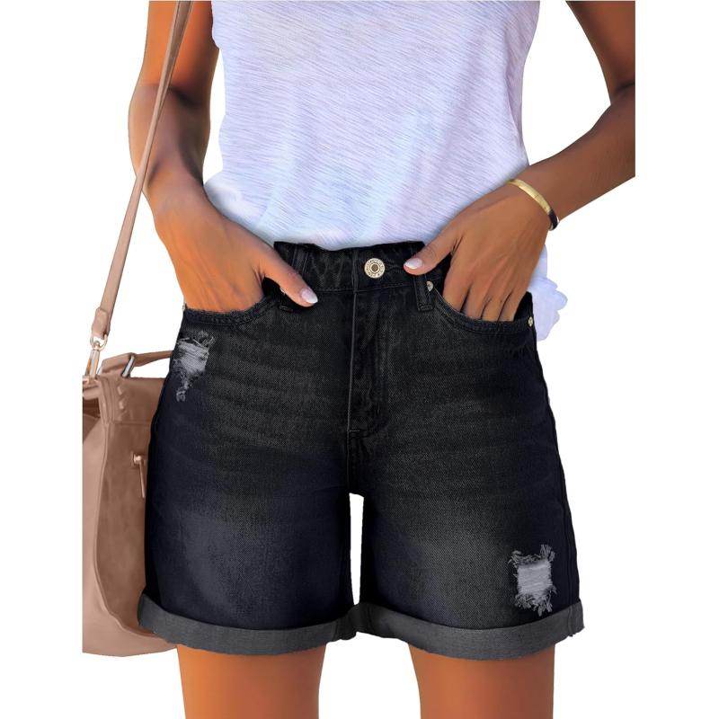 luvamia Womens Casual Ripped Denim Shorts High Rise Distressed Rolled Hem Jeans ShortsA Black