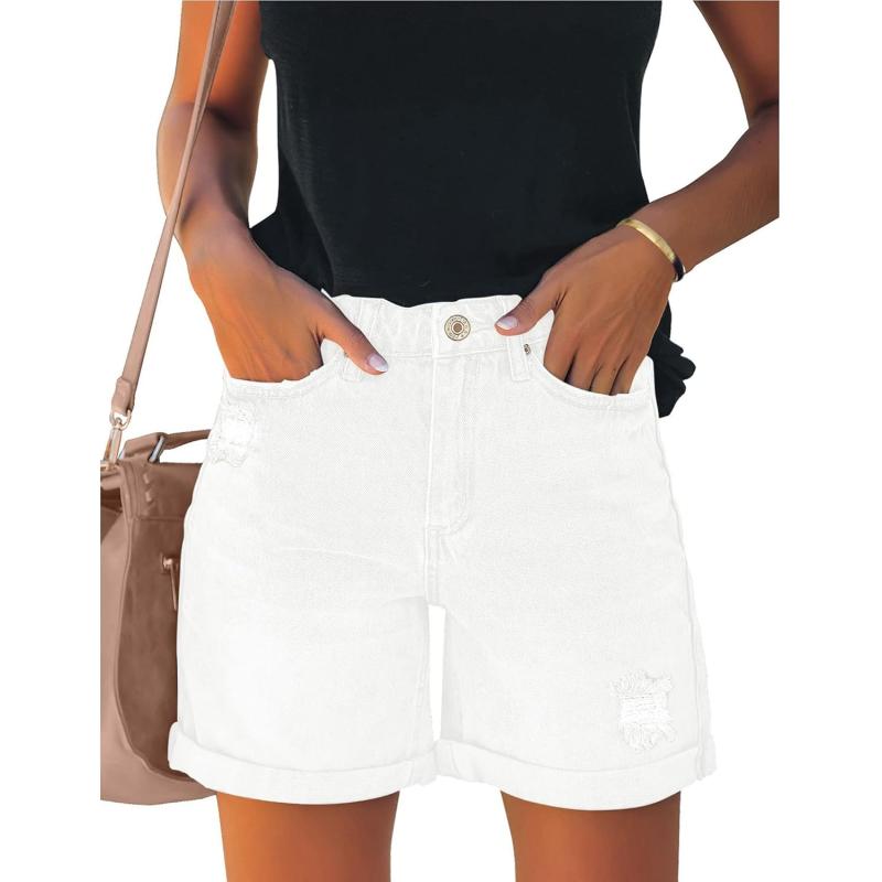 luvamia Womens Casual Ripped Denim Shorts High Rise Distressed Rolled Hem Jeans ShortsA Brilliant White