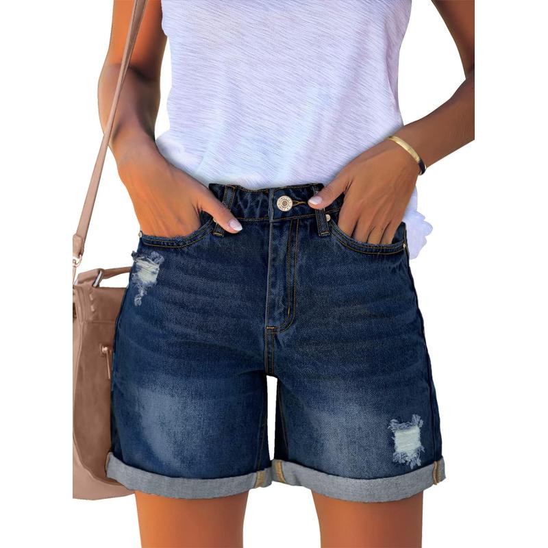 luvamia Womens Casual Ripped Denim Shorts High Rise Distressed Rolled Hem Jeans ShortsA Darkness Blue