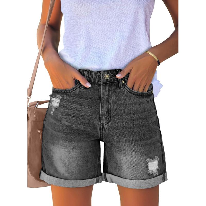 luvamia Womens Casual Ripped Denim Shorts High Rise Distressed Rolled Hem Jeans ShortsA Faded Black