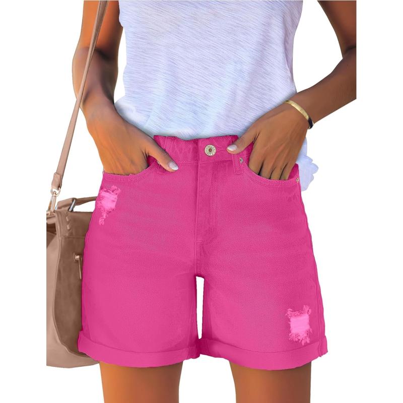 luvamia Womens Casual Ripped Denim Shorts High Rise Distressed Rolled Hem Jeans ShortsA Hot Pink