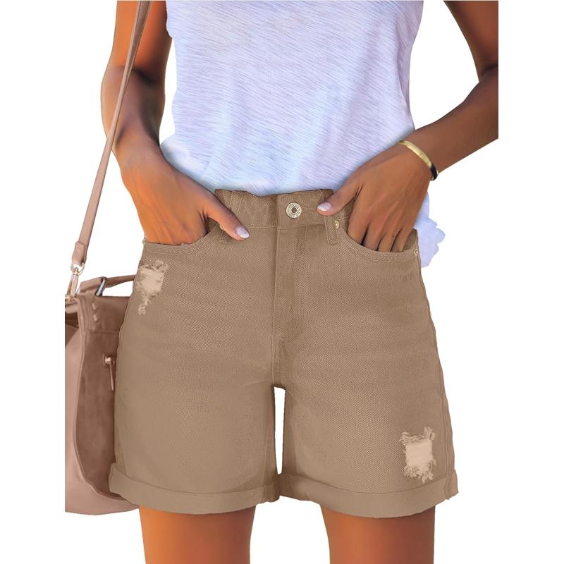 luvamia Womens Casual Ripped Denim Shorts High Rise Distressed Rolled Hem Jeans ShortsA Khaki