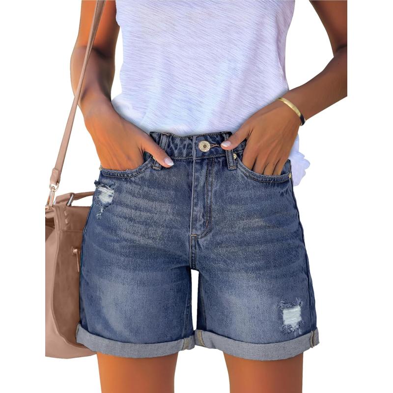 luvamia Womens Casual Ripped Denim Shorts High Rise Distressed Rolled Hem Jeans ShortsA Reef Blue