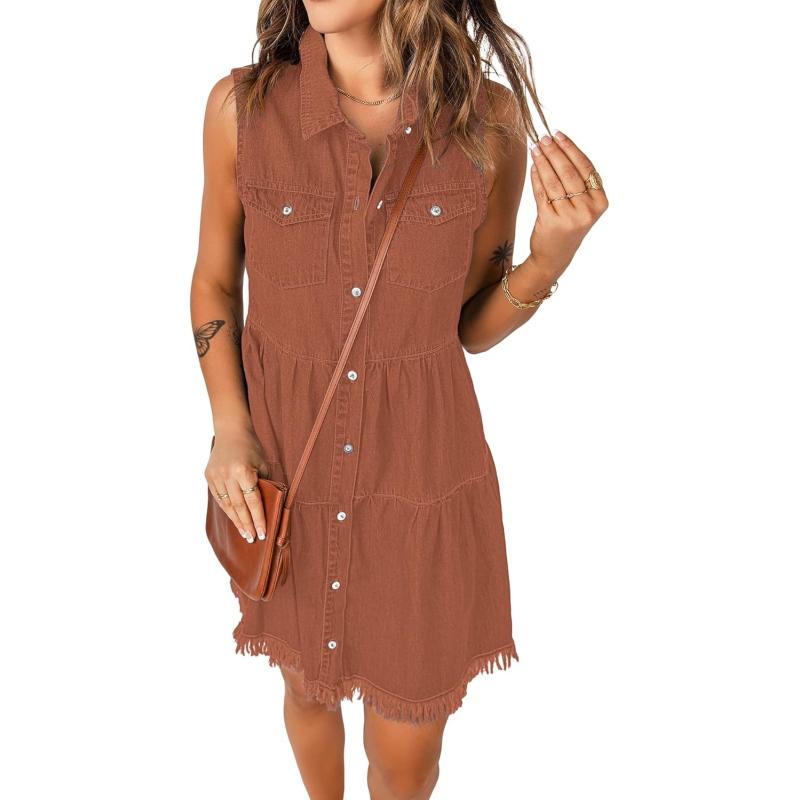 luvamia Womens Casual Summer Lapel Sleeveless Button Down Short Denim Jean DressA Amber Brown