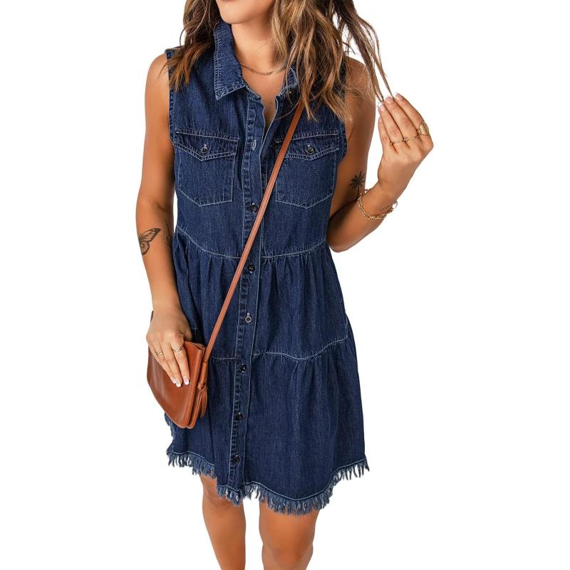 luvamia Womens Casual Summer Lapel Sleeveless Button Down Short Denim Jean DressA Brilliant Blue