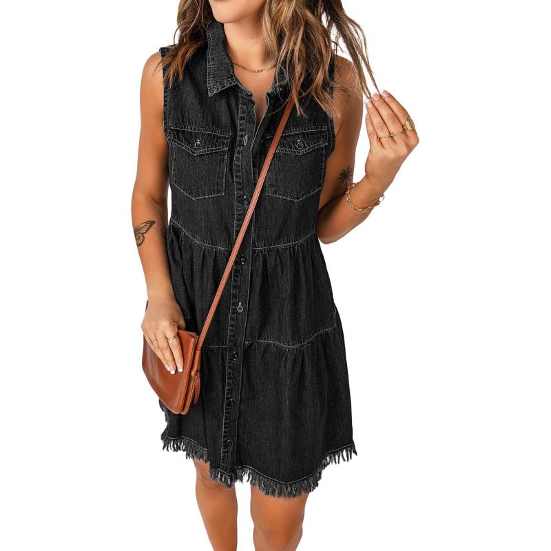 luvamia Womens Casual Summer Lapel Sleeveless Button Down Short Denim Jean DressA Faded Black
