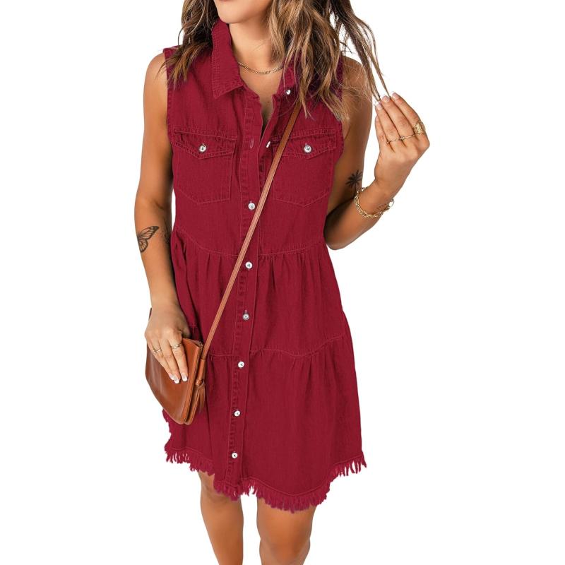 luvamia Womens Casual Summer Lapel Sleeveless Button Down Short Denim Jean DressDark Red