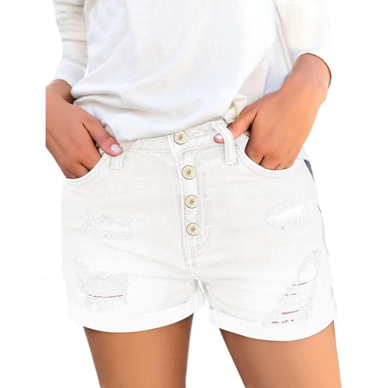 luvamia Womens Ripped High Waisted Denim Shorts Stretchy Cuffed Hem Jean ShortsA2 Sparkly White