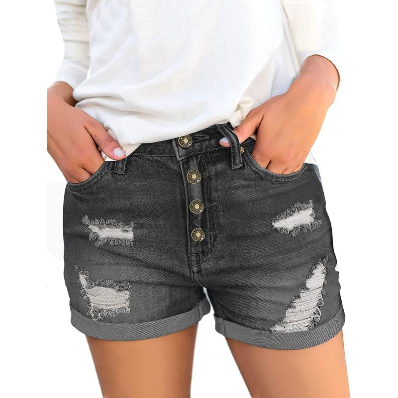 luvamia Womens Ripped High Waisted Denim Shorts Stretchy Cuffed Hem Jean ShortsA2 Stone Gray