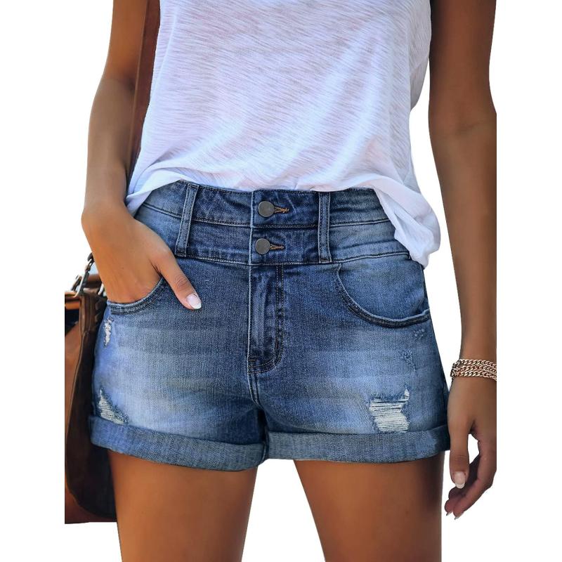 luvamia Womens Ripped High Waisted Denim Shorts Stretchy Cuffed Hem Jean ShortsA4 Blue Plunge