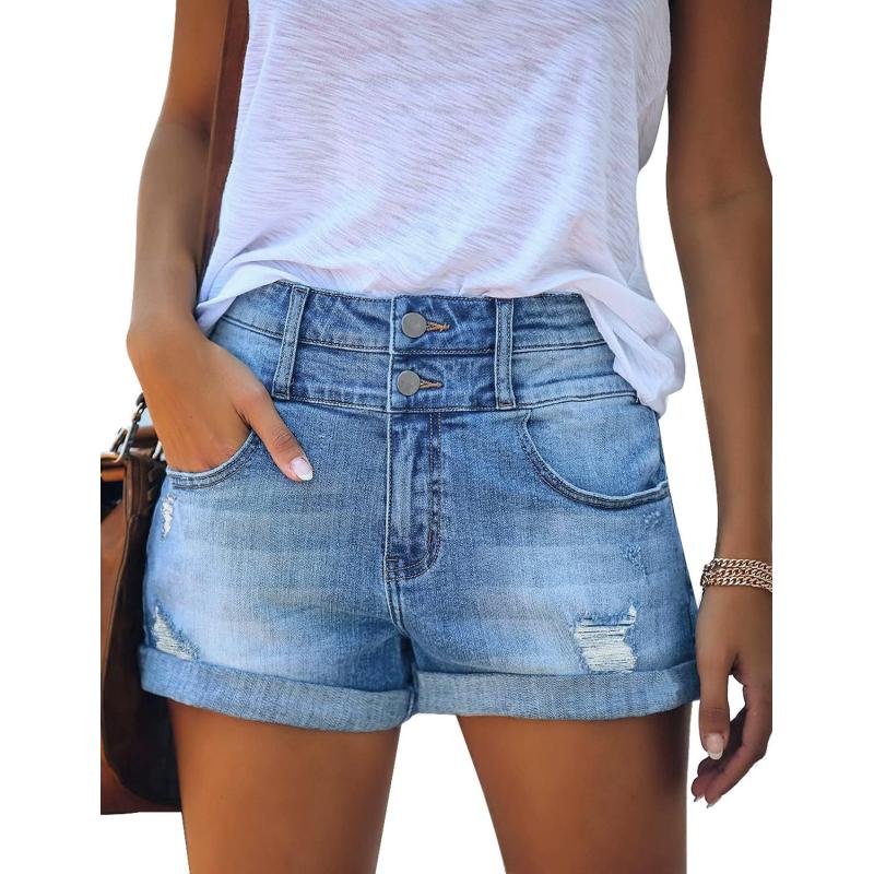 luvamia Womens Ripped High Waisted Denim Shorts Stretchy Cuffed Hem Jean ShortsA4 Lagoon Blue