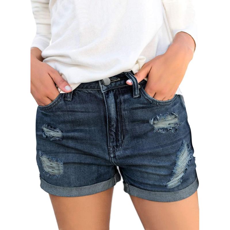 luvamia Womens Ripped High Waisted Denim Shorts Stretchy Cuffed Hem Jean ShortsD Nightfall Blue