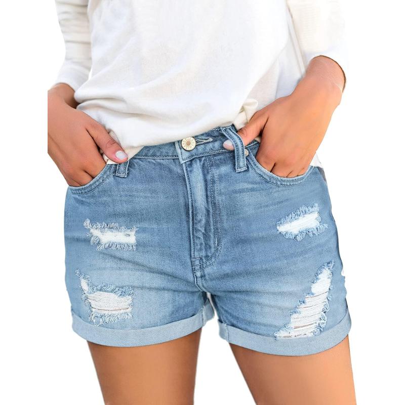 luvamia Womens Ripped High Waisted Denim Shorts Stretchy Cuffed Hem Jean ShortsE Powder Blue