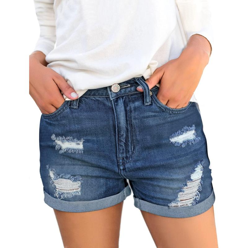 luvamia Womens Ripped High Waisted Denim Shorts Stretchy Cuffed Hem Jean ShortsF Deep Jasper Blue